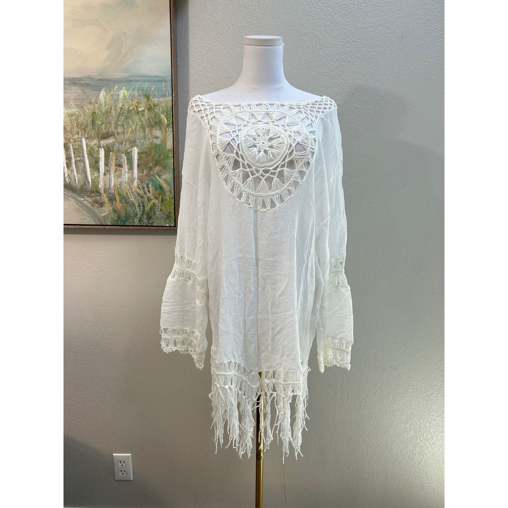 White Crochet Mandala Fringe Tunic Top Boho Bell Sleeve Gauze Blouse 2XL